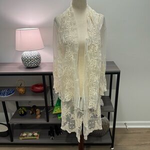 ✨ Vintage-Style Indigo Soul Ivory Lace Embroidered Duster Cardigan – XL ✨